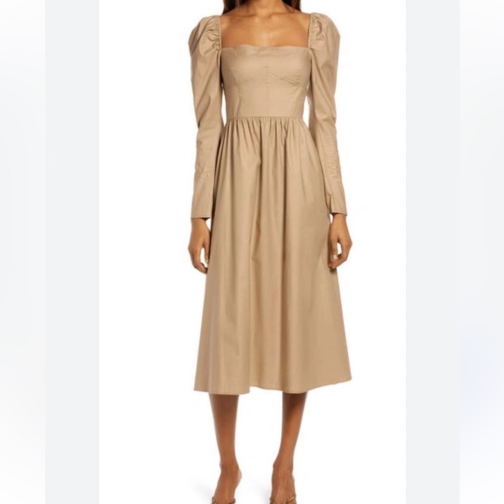 Reformation Luce Dress Khaki Tan Brown Poplin Midi Feminine Neutral Cotton Sz 4